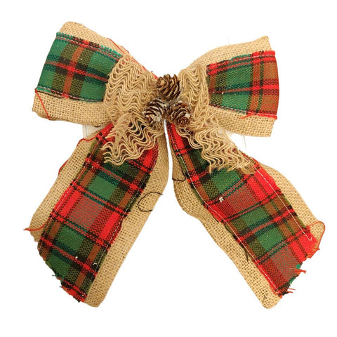 COCCOLE DI CASA Noeud de Noël en tissu tartan avec des glands enneigés 22x30 cm