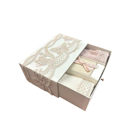 FIORI DI LENA Set 2 lavette asciugamano piccola ospiti con pizzo oro, saponetta 300 gr e scatola decorata con pizzo made in italy L 30x30 cm