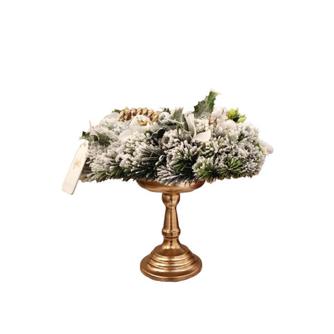 FIORI DI LENA Centre de table bougeoir pin hortensias et baies blanches et dorées Ø10 H 25