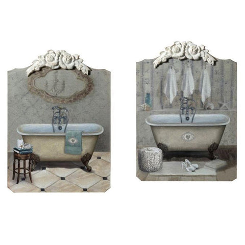 THE ART OF NACCHI Tableau salle de bain en toile à motifs avec baignoire et frise fleurie en bois blanc 43x33 cm 2 variantes