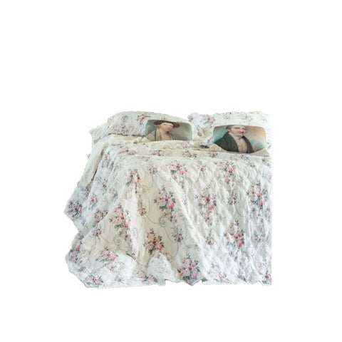 BLANC MARICLO Boutis Double quilt VINTAGE FLORAL white and pink cotton