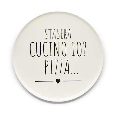 CLOUDS OF FABRIC Assiette à pizza DOIS-JE CUISINER CE SOIR ? PIZZA écriture noire 31,4x1,6 cm