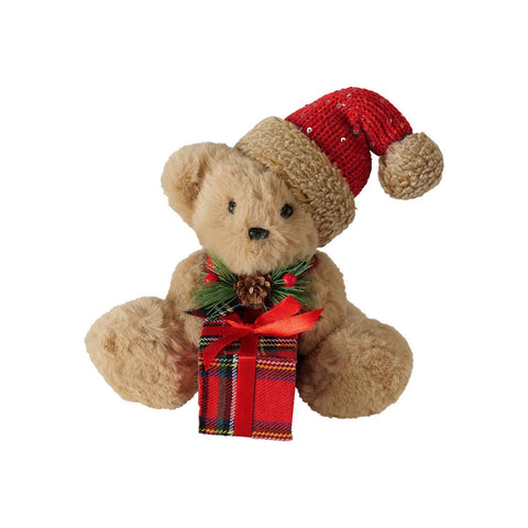 MAGNUS REGALO Christmas decoration bear with gift BRUNO beige and red h 17 cm