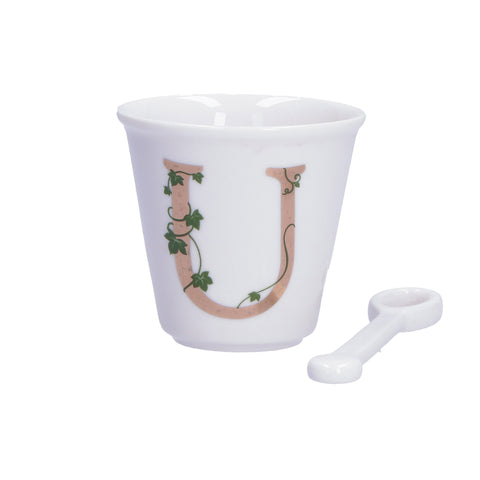WHITE PORCELAIN Set coffee cup + pink U initial spoon 75 cc