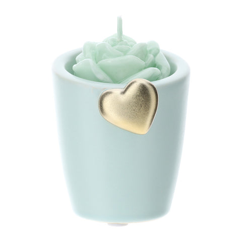 HERVIT Candle holder with green rose and gold heart Stoneware wedding favor idea H8 cm