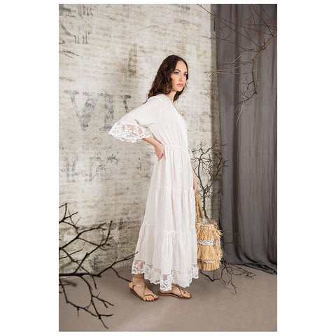 CHEZ MOI Long white linen dress with lace, Made in Italy "FAIRYTALE ARABESQUE"