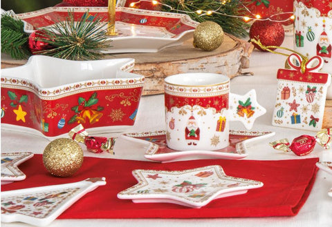EASY LIFE Set 2 tazzine caffè natalizie con piattino in porcellana "CHRISTMAS ORNAMENTS" 80ml