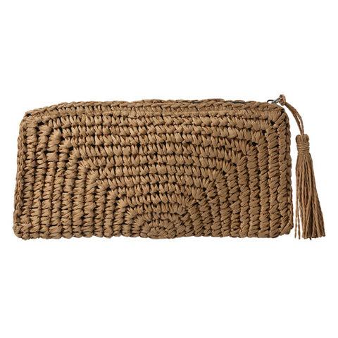 CLAYRE &amp; EEF Beige straw beach handbag with wood-coloured fringe 28x16 cm