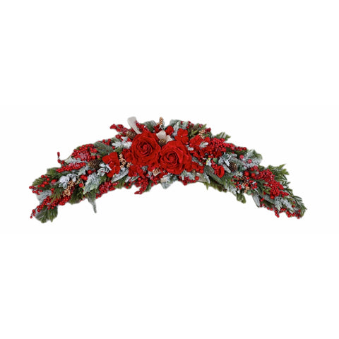 FIORI DI LENA Outside the door snow-covered pine branch with velvety roses and berries L 100 cm