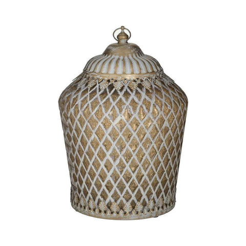 INART Lanterne lampe led décoration avec led métal ivoire et doré Ø16 H22 cm