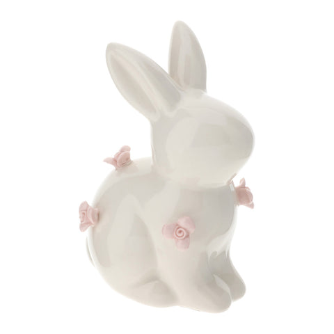 Hervit Idée cadeau de mariage lapin à fleurs roses en porcelaine H10 cm