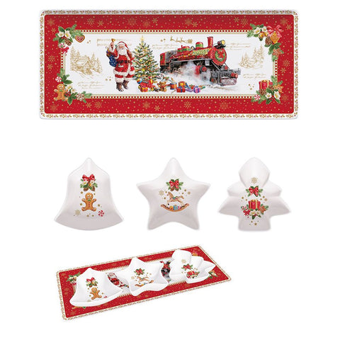 EASY LIFE Piatto da portata natalizio in porcellana rosso bianco con tre ciotole 36×16 cm