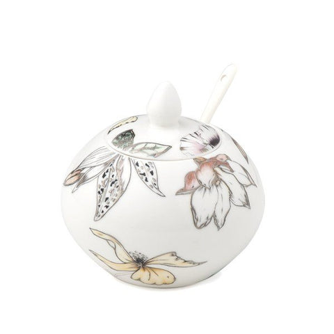 HERVIT Zuccheriera ovale BLOOMS in porcellana bianco con fiori 10 cm 28074