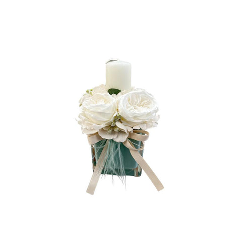 FIORI DI LENA Vasetto portacandela in vetro con 4 rose, ortensie, nebbiolina piume e eucalipto verde 100% Made in italy H 16 cm