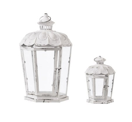 L'arte di Nacchi Set of two antique white iron and glass candle holder Lanterns with hook for hanging, Vintage Shabby Chic