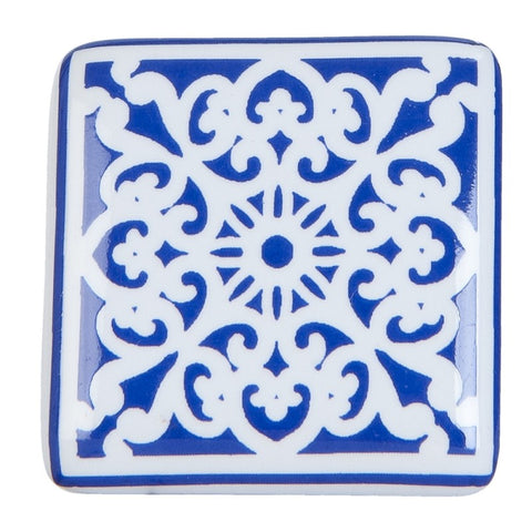 Clayre &amp; Eef Bouton de porte, meuble en céramique blanc/bleu 3x2xh3 cm