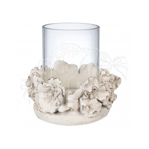 COCCOLE DI CASA Candle holder with cream polyresin roses with glass H13,5 cm