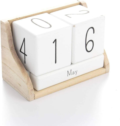 Boltze Black/white perpetual desk calendar with wooden base and months in English, vintage Shabby Chic 14x7x9cm