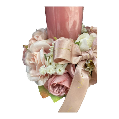 MATA CREATIONS Centerpiece round candle with ribbons and pink roses Ø16xh12 cm
