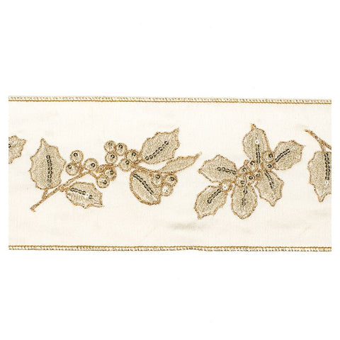GOODWILL Christmas ribbon roll with embroidered holly in cream satin