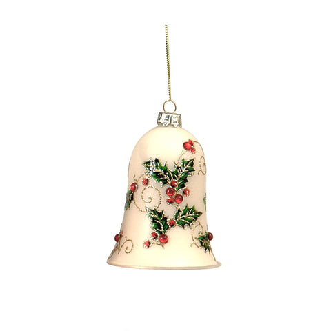 VETUR Decorazione natalizia campana in vetro bianco avorio con agrifoglio 10 cm