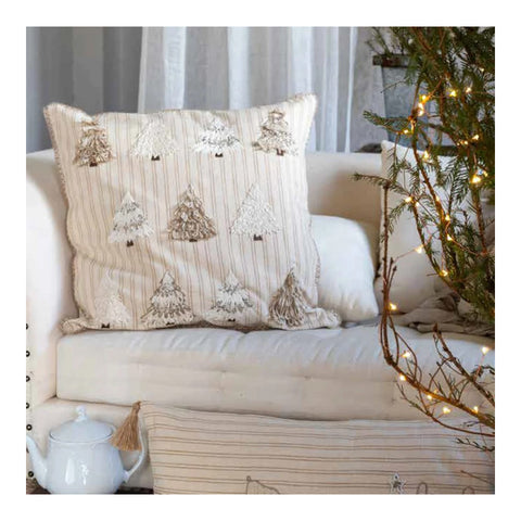 Blanc Mariclò Christmas decor cushion in beige cotton with trees 50x50 cm