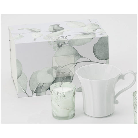 Hervit Set bougie avec mug en porcelaine "Botanic" coffret cadeau blanc