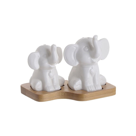 INART Set of two Salt and Pepper Shakers in the shape of elephants, kitchen salt and pepper shakers in white porcelain with Shabby Chic bamboo base