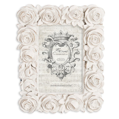BLANC MARICLO' Cornice porta foto bianco in resina effetto anticato con rose vintage