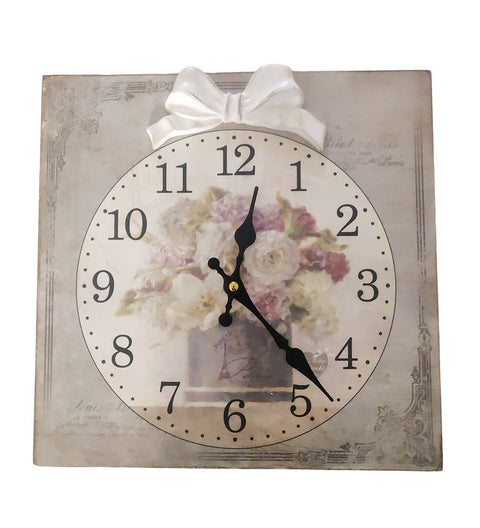 L'arte di Nacchi Square wall clock in MDF wood with embossed bow in wood pulp with antique effect made in Italy, Vintage Shabby Chic