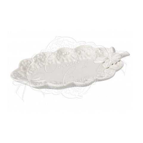 COCCOLE DI CASA Vassoio Vassoietto da cucina a forma di foglia con fiocco bianco in ceramica Flower Shabby Chic 11,5X19X2 cm