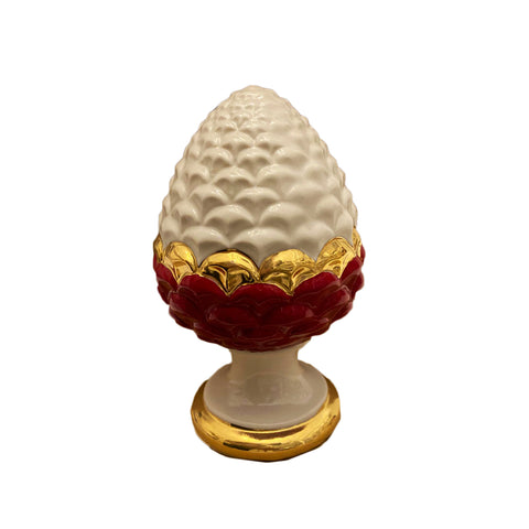 SBORDONE Pomme de pin avec pied décoration porte-bonheur AMORE or rouge porcelaine H14 cm