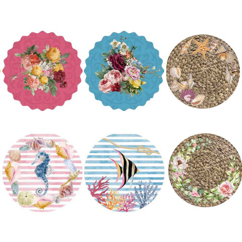 L'ATELIER 17 Set of 2 round placemats for kitchen, breakfast in vinyl with flowers and marine animals "Le muse" 6 variants D39 cm
