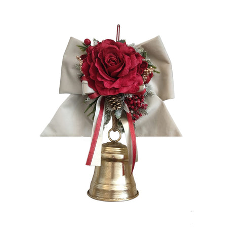 FIORI DI LENA Fiocco in velluto con decoro natalizio rosa vellutata e campanaccio H 40 cm
