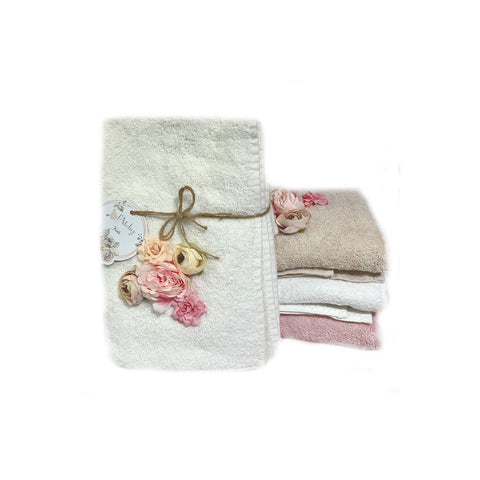 L'ATELIER 17 Set of 2 bath towels, pair in guest toweling with applied flowers, "Frida" Shabby Chic collection 4 variants