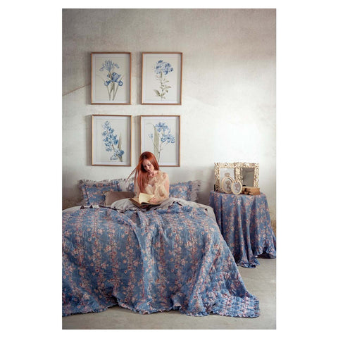 BLANC MARICLO' Boutis Quilt FLOWERING FRIENDSHIP with light blue flowers 180x260 cm