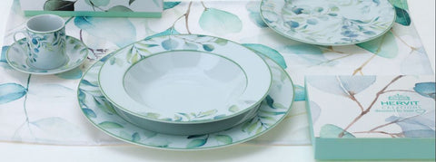 HERVIT Service de six assiettes plates en porcelaine décor floral Botanic Ø27 ​​cm
