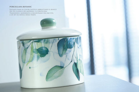 HERVIT Pot à biscuits en porcelaine avec décorations florales botaniques vertes Ø15x16 cm