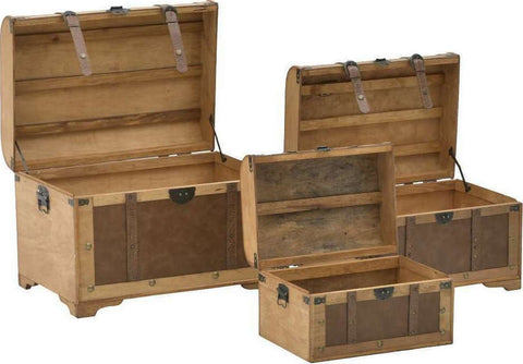 INART Tris of trunks in leather, wood and beige and brown metal 60x43x42 cm