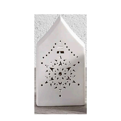 Henriette White perforated house with Christmas light in ceramic h20cm