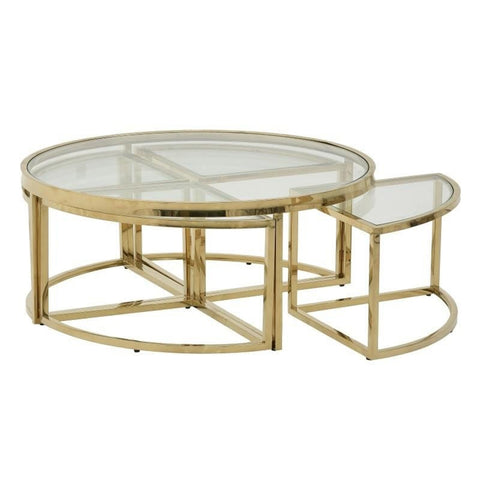 INART Table basse ronde avec chaises amovibles en verre et métal doré Ø1 m H45 cm