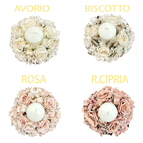 FIORI DI LENA Centrotavola con candela , bocciolo, ortensia e nebbiolina 4 varianti made in italy Ø 25 cm