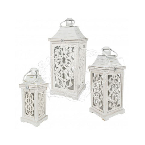 COCCOLE DI CASA Lot de 3 lanternes ALMA avec décors sculptés en bois et métal blanc