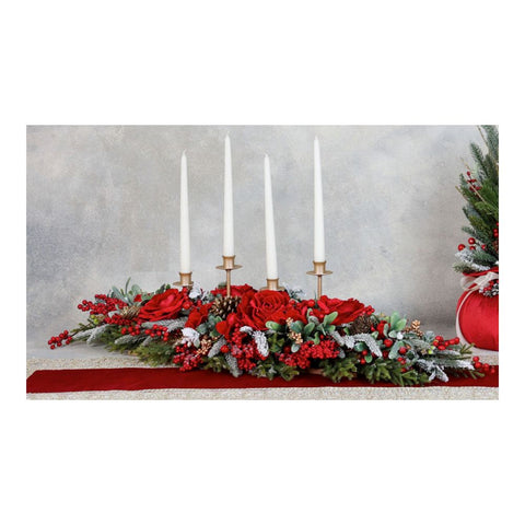 FIORI DI LENA Candeliere natalizio 4 fiamme con rose vellutate, pino e bacche L110 CM