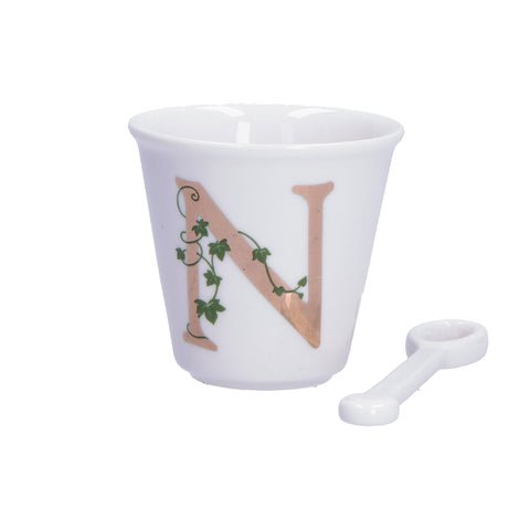 WHITE PORCELAIN Set coffee cup + initial N pink spoon 75 cc