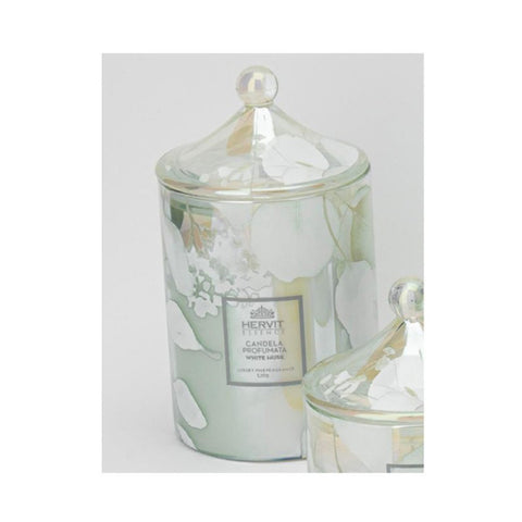 Hervit White floral glass candle "Botanic Pagoda" D9.5x18 cm