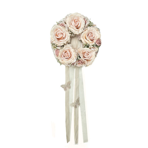 FIORI DI LENA Guirlande avec 5 applications roses, roses, hortensias et papillons en dentelle et strass sur rubans à suspendre 100% made in Italy H 85 cm
