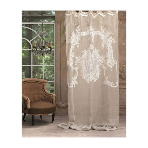 BLANC MARICLO' Set of 2 curtain panels with lace decoration 100% beige linen 140x300 cm