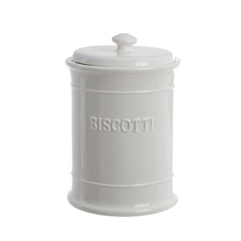 BLANC MARICLO' White ceramic cookie jar with embossed writing 16,5x16,5x24cm