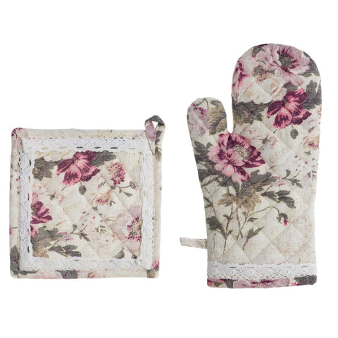 BLANC MARICLO' Kitchen glove and pot holder set with pink and beige floral decoration